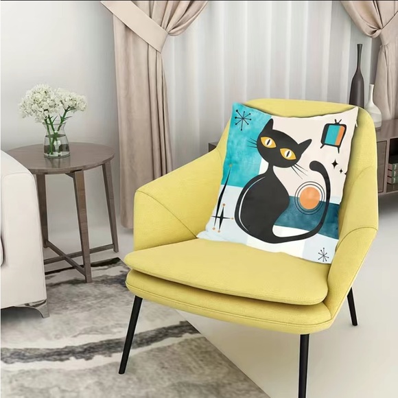 🆕Cute Mid-Century Modern Themed Linen Cat Pillow Covers- Single Cat with TV - Picture 2 of 6
